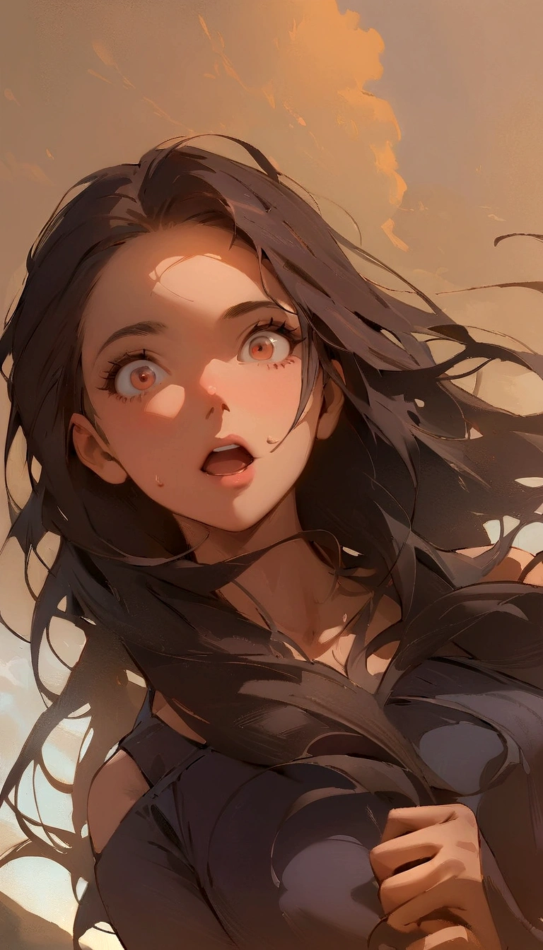 (masterpiece:1.4), (best qualit:1.4), (high resolution:1.4), , anna of arendelle, , surprised, long hair, , looking at viewer,, black tunic,, outdoors, ,