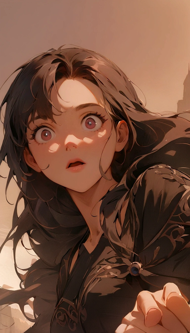 (masterpiece:1.4), (best qualit:1.4), (high resolution:1.4), , anna of arendelle, , surprised, long hair, , looking at viewer,, black tunic,, outdoors, , 