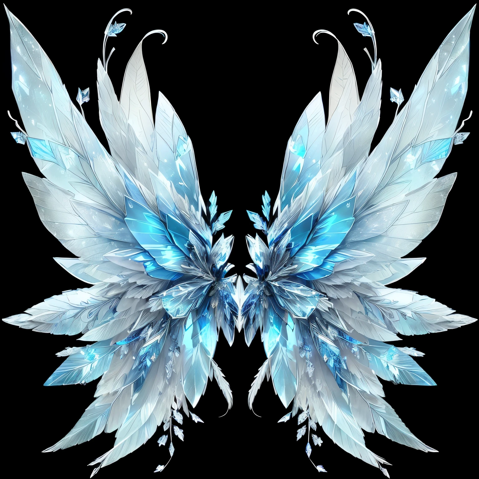 Wings with blue crystals and silver leaves on a black background, wings made of glass, Ethereal Wings, Transparent wings, Symmetrical wings, Symmetrical Wing, Giant white glowing wings, Symmetrical wings, beautiful Angel Wings, Majestic wings, infinite Angel Wings, Feathery wings, Beautiful open wings, Exquisite and handsome wings, Fairy Wings, Epic Angel Wings, Angel Wings