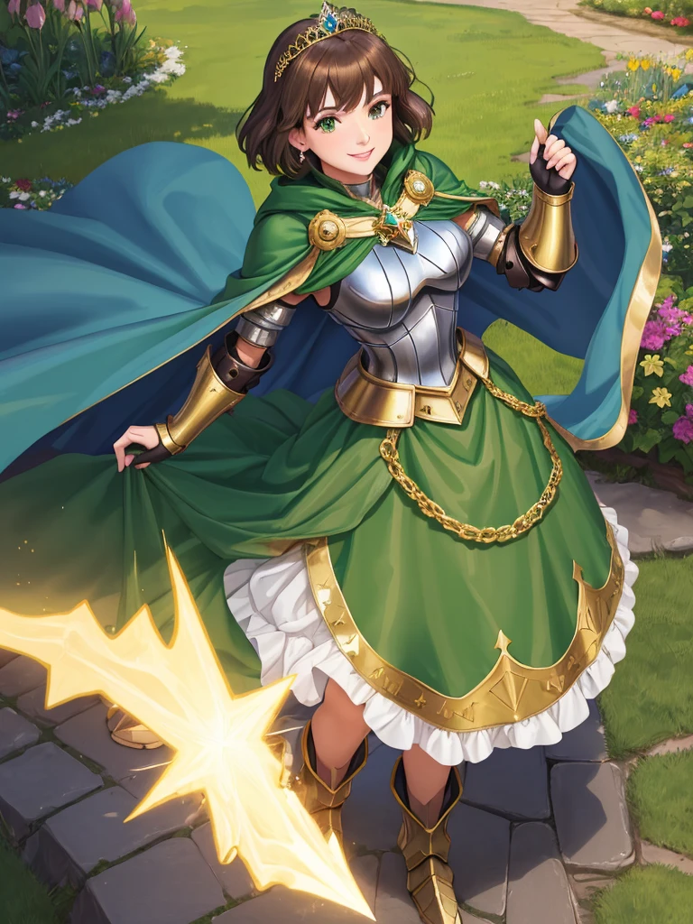 masterpiece, best quality:1.2), 1girl, smile, looking at viewer, green eyes, short brown hair, princess, armor, armored dress, green cloak cape, wearing puffy blue ballgown skirt, golden tiara with green gem, armored boots, fingerless gloves, stading in medieval garden