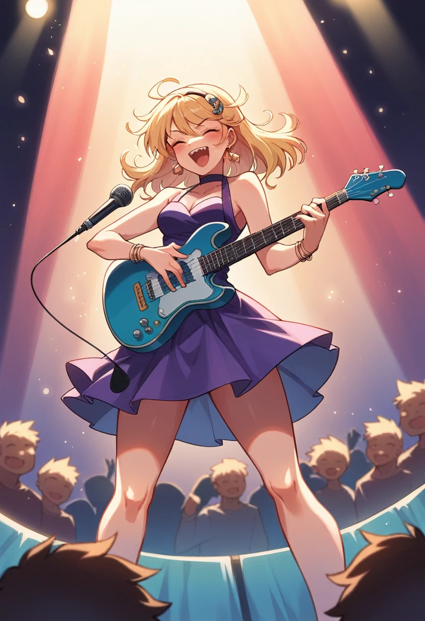 Depicts a blonde singer wearing a purple dress,Standing in front of the microphone and playing the blue guitar to the right。Her guitar has some red and white fish decorations on it.。She is singing,This scene seems to be a performance at a concert or concert.。