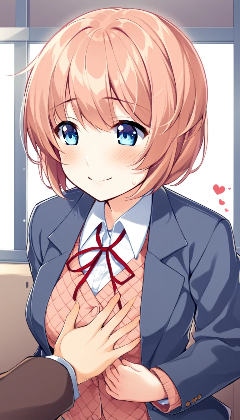 one girl, lovely, blazer, Sayori, my childhood friend, cute, short hair, blush, light blue eyes, love me, I stroke her head gently, feel happiness, from above, my hand on her head, look at me, ecstatic, I cherish her, girl hug me