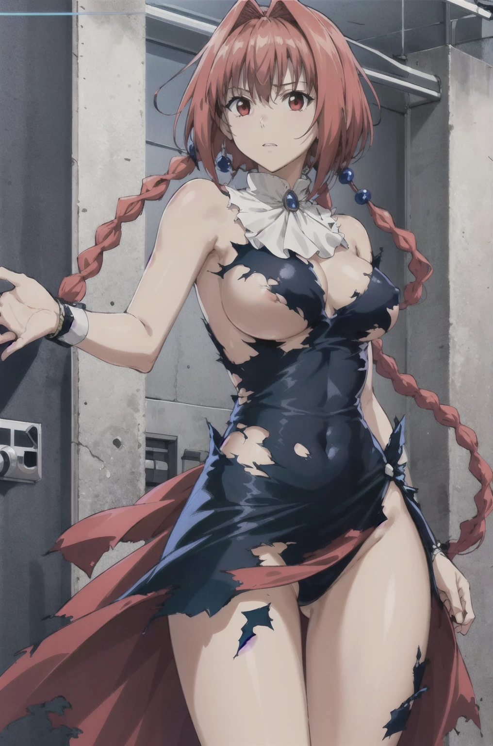 masterpiece, Highest quality,High resolution,Dorothy, Redhead,Red eyes, Have,dress,Braiding, black dress, View your viewers,Torn clothes、 exposed、Nipples