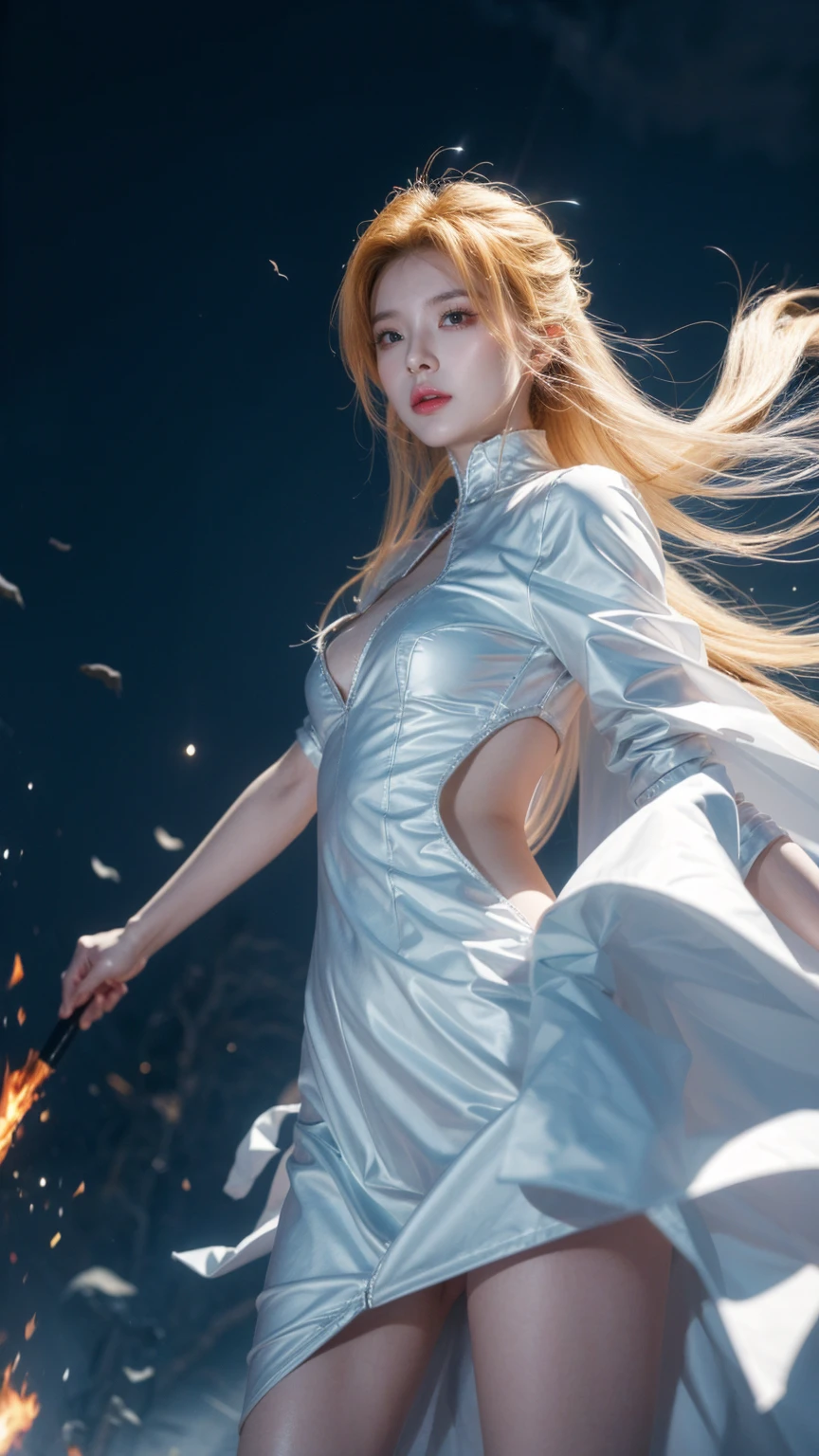 Super Super Sayakin, diamond hair and red eyes,Draw around it with black pencil, White costume with dragon tattoo, Good public scream, Fighting the enemy, Scenery of heaven and earth