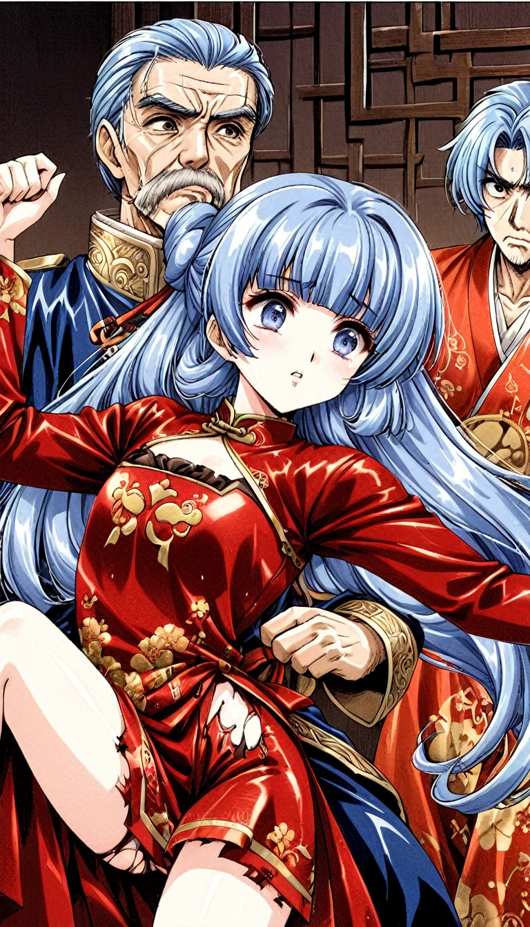 A tragic historical drama in 8k live-action style: Beautiful palace secrets Beautiful 10 year old Chinese Kung Fu princess with short blue hair has very rough unwanted sex with old man emperor Gorgeous embroidery, Ultra glossy, She is wearing a shiny red top and bottom long sleeve floral pajama kung fu suit.... She has her clothes torn