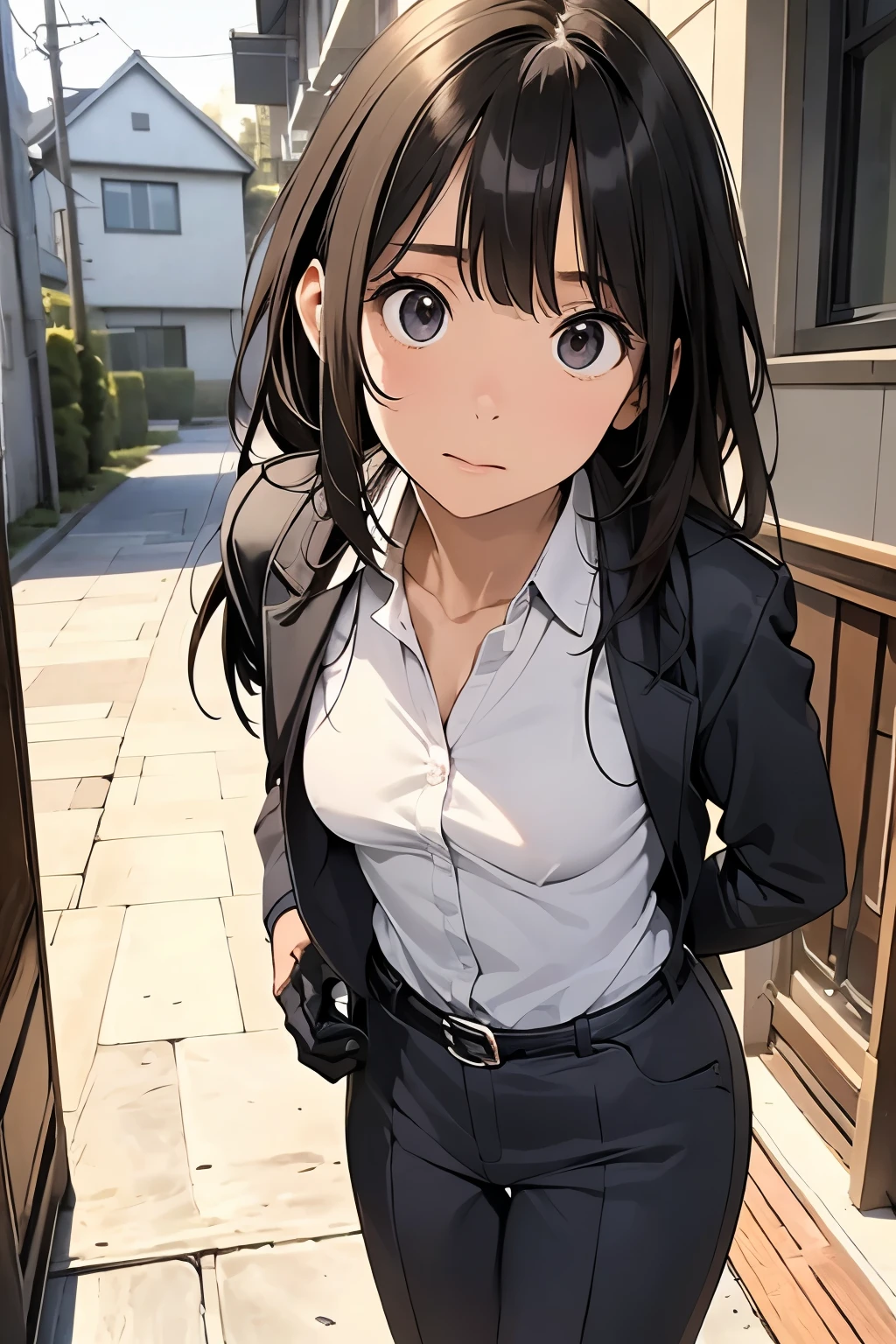 high quality, masterpiece, Ultra-high resolution, (realism: 1.4), Oil painting style, Cinema Lighting, An endless grassland dotted with a few houses, I stood on the empty asphalt road and looked at it., Fairy Mountain々was shrouded in mist, And the suspenders with the cranes flying Moderate breasts Small face holster Beautiful woman Lying in bed Looking up Sweat belt summer 脇Sweat Black Hole Gloves suit shirt Black jacket Black trousers Leg Links ズボンにbelt holster Nipples showing through clothes, caught Hands behind your back Anxious expression Looking up Anxious face
