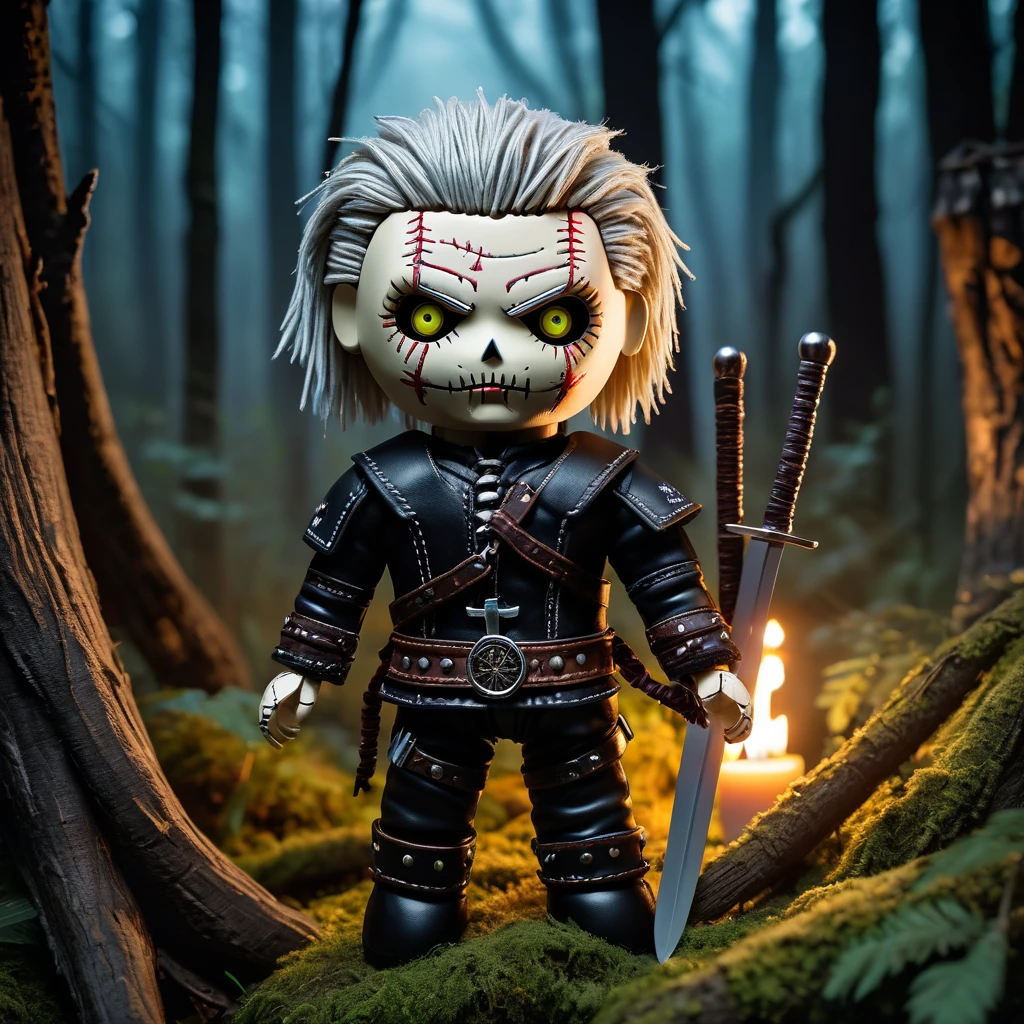 (knitted toy voodoo doll:1.7), (voodoo Geralt1.4), (of Rivia from The Witcher:1.4), (Clothing: leather armor with wolf medallion, black trousers:1.0), (Accessories: silver sword, potions vials:1.1), (background: dark and mystical forest with moonlight filtering through trees:1.2)), best quality, masterpiece, detailed soft oil painting, detailed background, dramatic cinematic lighting, soft edge lighting, professional, dramatic lighting, hard edge lighting, ultra quality, 4k, masterpiece, best quality, 8k, ultra high definition, high resolution, extremely detailed