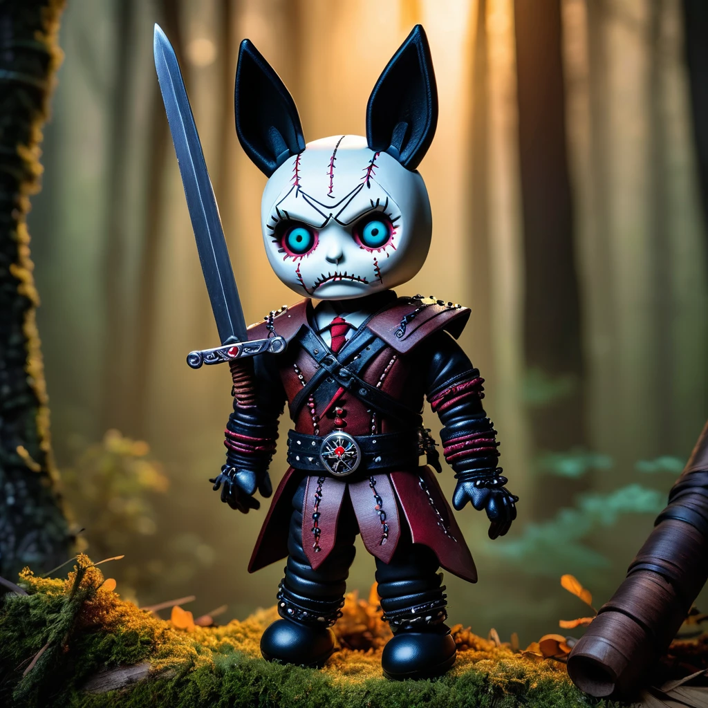 (knitted toy voodoo doll:1.7), (voodoo Geralt1.4), (of Rivia from The Witcher:1.4), (Clothing: leather armor with wolf medallion, black trousers:1.0), (Accessories: silver sword, potions vials:1.1), (background: dark and mystical forest with moonlight filtering through trees:1.2)), best quality, masterpiece, detailed soft oil painting, detailed background, dramatic cinematic lighting, soft edge lighting, professional, dramatic lighting, hard edge lighting, ultra quality, 4k, masterpiece, best quality, 8k, ultra high definition, high resolution, extremely detailed