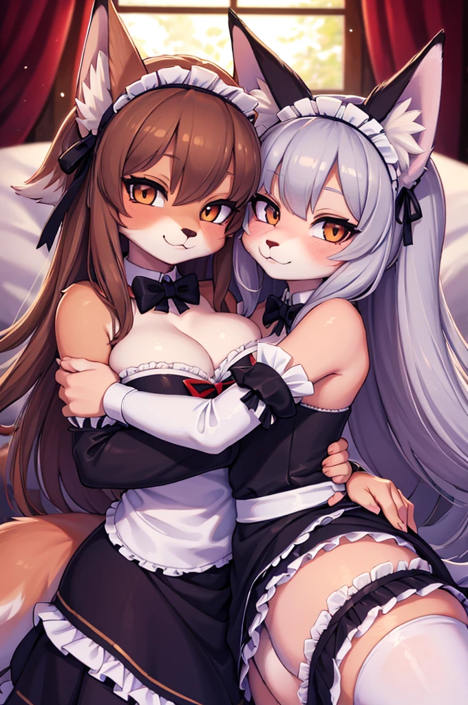 ((best quality)), ((masterpiece)), (Detailed) wolf girl and fox girl cosplay as maids, cuddle