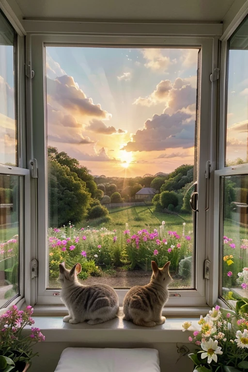 (best quality,ultra-detailed),various cats looking out of a window,outside the window, there is a landscape with a blooming field and a sunrise on the horizon,illustration,adorable detailed Rabbit,peaceful atmosphere,soft sunlight,lush greenery,delicate flowers,happy and curious Rabbit,subtle colors,warm and vibrant lighting