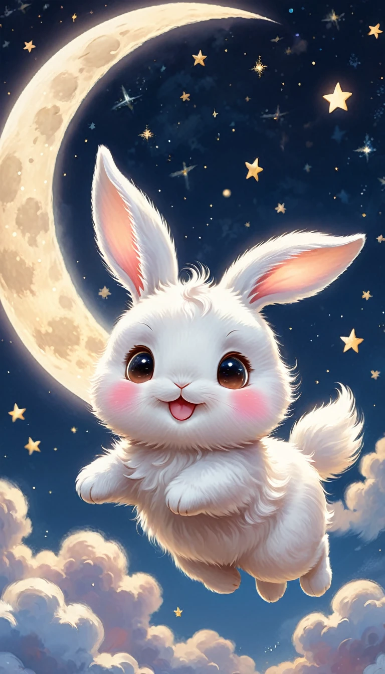 Close-up of a white rabbit flying in the sky carrying a round-faced moon, Lovely digital art, cute illustration, Moon Smiley Face with Cute Blush, Lovely digital painting, the Moon and stars,自然渲染漂亮柔和光影 dreamy illustration, illustration, to the moon, Playful and cute white rabbit.Moon and stars, illustration!, a beautiful artwork illustration, Lovely and detailed digital art, lovely artwork, author:Ni Duan, cute storybook illustration.a storybook illustration