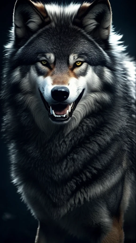 wolf, an imposing creature about five feet tall at the shoulders. Its athletic and muscular build is covered in black fur, absorbing the light around it. His eyes are large and white, without pupils, emitting an opaque glow that seems to penetrate the soul of whoever looks at him. The claws and teeth, sharp as blades, are a contrasting white. The fur around his chest is partially missing, revealing an area where shadows stir and move hypnotically. His body appears to be an extension of the shadows, making it difficult to discern where he ends and the darkness begins. When it smiles, it displays bright, irregular teeth emerging from the darkness of its snout.