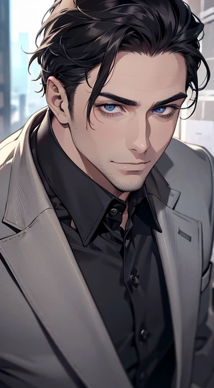 (best quality,4k,8k,highres,masterpiece:1.2),ultra-detailed,(realistic,photorealistic,photo-realistic:1.37),1 man,31 years old,mature man,very handsome,without expression,smile,short grey black hair,blue eyes,penetrating gaze,perfect face without errors,imposing posture,businessman,office background,cinematic lighting,hdr image