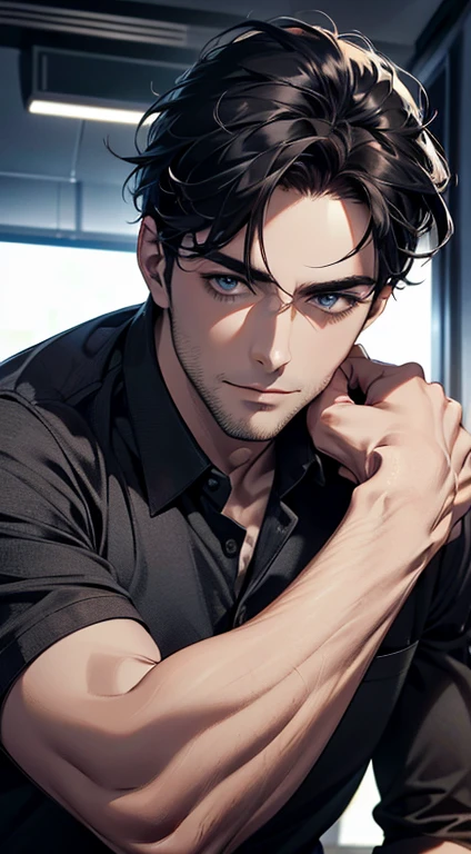 (best quality,4k,8k,highres,masterpiece:1.2),ultra-detailed,(realistic,photorealistic,photo-realistic:1.37),1 man,31 years old,mature man,very handsome,without expression,smile,short grey black hair,blue eyes,penetrating gaze,perfect face without errors,imposing posture,businessman,office background,cinematic lighting,hdr image