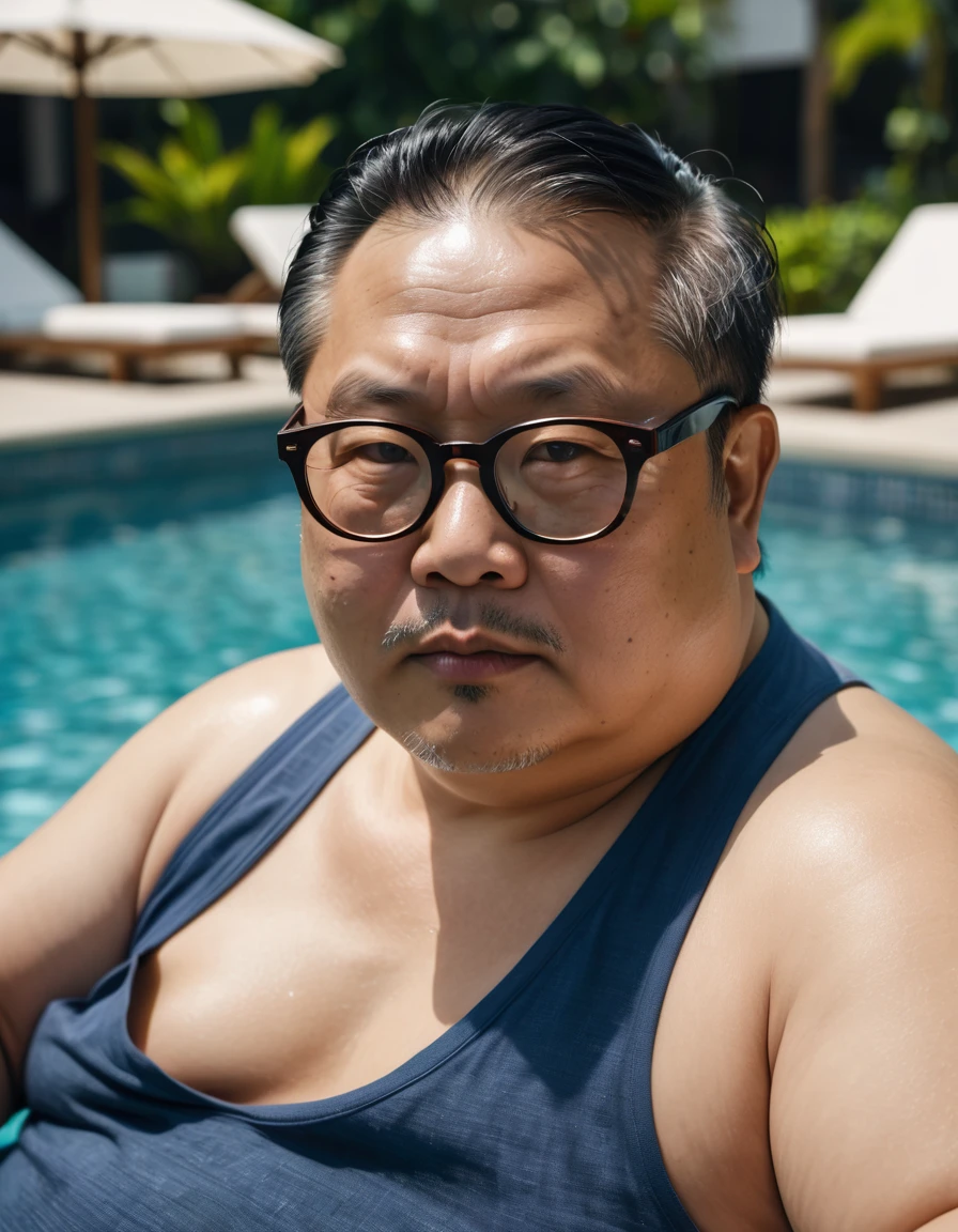 cinematic photo a 50 year old Chubby Asian Man lounging by the pool , wearing eye glasses, looking directly at the camera,. 35mm photograph, film, bokeh, professional, 4k, highly detailed.