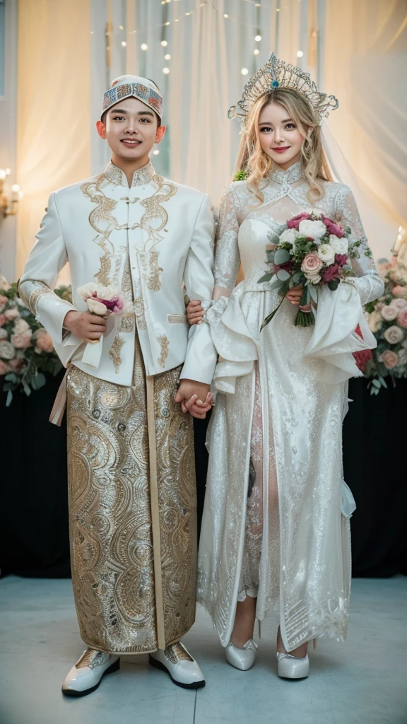 bride and groom in traditional robot clothes standing in front of the stage, couple, beautiful couple, wearing robot clothes, happy couple, wedding, robot clothes, wearing robot clothes, robot clothes, emir, groom, ornate clothes, bride and groom, traditional, bride, wedding photo, realistic