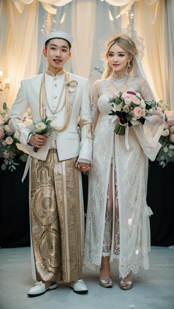 bride and groom in traditional robot clothes standing in front of the stage, couple, beautiful couple, wearing robot clothes, happy couple, wedding, robot clothes, wearing robot clothes, robot clothes, emir, groom, ornate clothes, bride and groom, traditional, bride, wedding photo, realistic