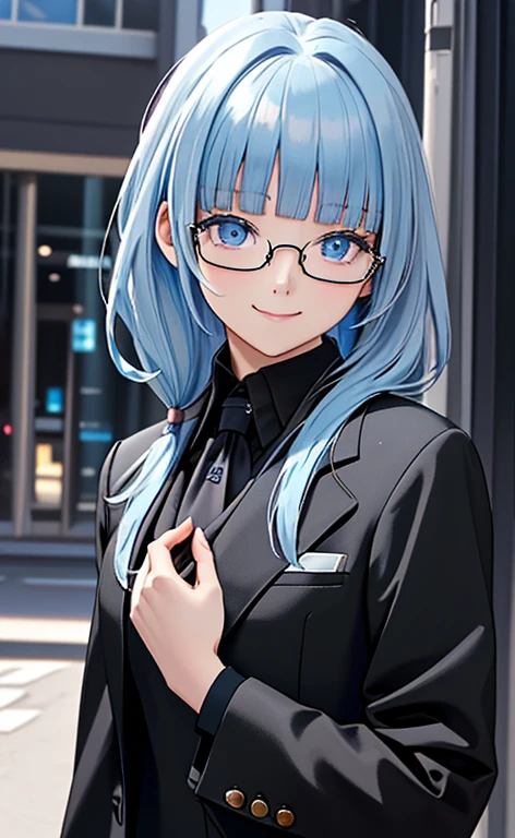 (Face:1.5)、(masterpiece:1.5、Photorealistic:1.4,anime coloring:1.4、high resolution:1.4)、,(spot light:1.2、Exquisite beautiful eye:1.5,)、(stand:1.5)、(Hair tied up in a ponytail)、(upper body:1.5)、
(kind eyes、tareme:1.4),(glasses:1.5)、(Cute Face)、(blue hair:1.5)、(middle hair:1.5),(sidelock :1.6),(blunt bangs:1.3),(1 girl)、(blue eyes:1.2)、(light smile:1.5),()、(solo)、() ,(),(small breasts),(),(black business suit:1.5),()、()、()、Slim Body(),Shiny Hair、