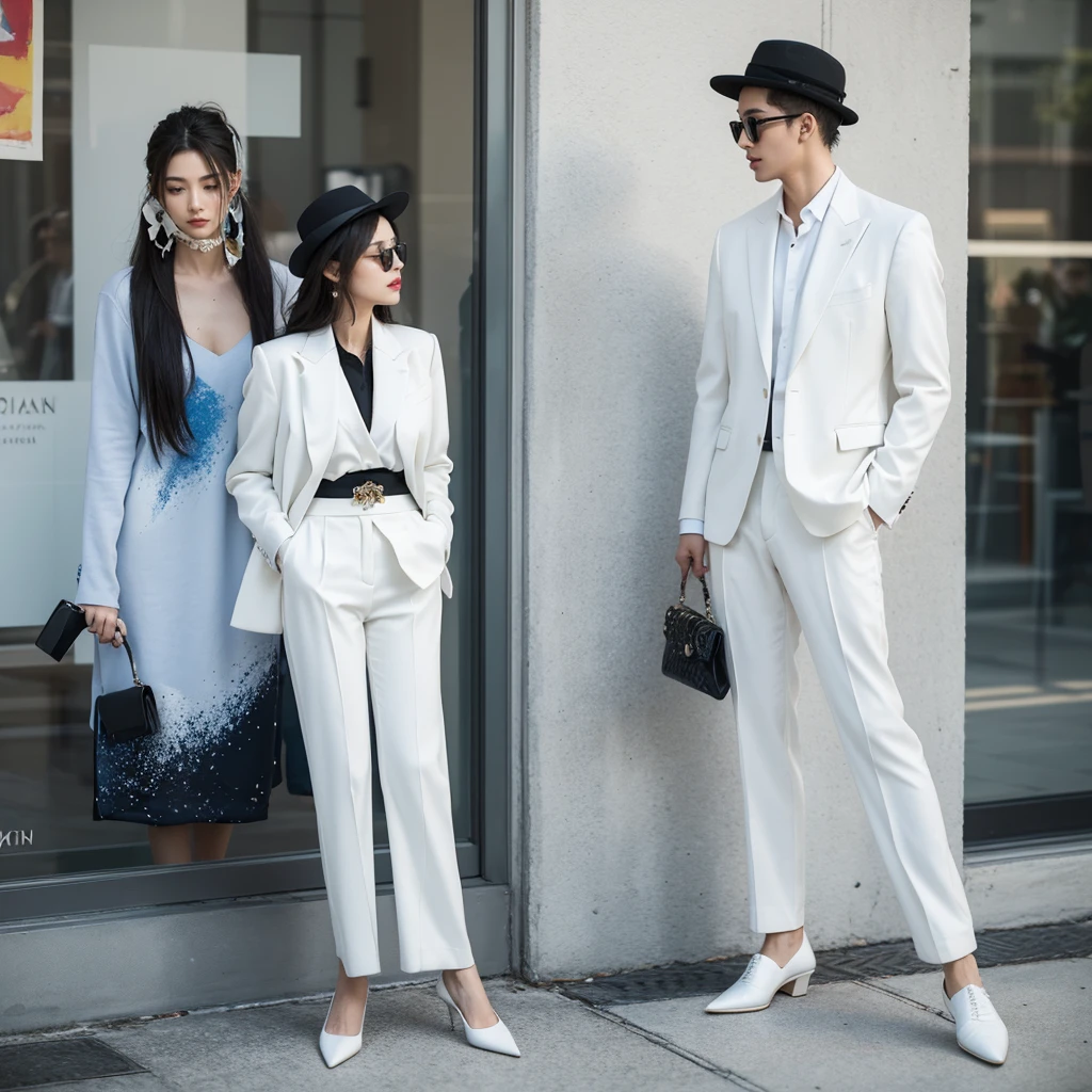 A captivating watercolor featuring a fashionably dressed man with an air of sophistication together with his stunningly beautiful female partner. He dons a casual yet elegant outfit, consisting of a tailored suit, a stylish hat, and a pair of sunglasses. She is dressed on white pants and elegant jacket with high heals. The background is a mesmerizing blend of ink splashes, creating a modern and artistic atmosphere. The playful ink splatters intermingle with the painting's splendor, showcasing a harmonious balance between style and creativity. The couples confident pose and the artist's skillful brushwork come together to create an image of unrivaled elegance and refinement., illustration, fashion, painting, photo