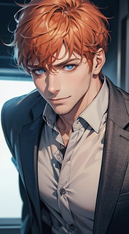 (best quality,4k,8k,highres,masterpiece:1.2),ultra-detailed,(realistic,photorealistic,photo-realistic:1.37),1 man,31 years old, man,very handsome,without expression,smile,short grey orange hair,blue eyes,penetrating gaze,perfect face without errors,imposing posture,businessman,office background,cinematic lighting,hdr image