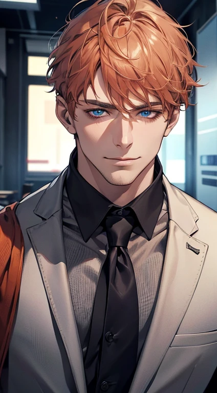 (best quality,4k,8k,highres,masterpiece:1.2),ultra-detailed,(realistic,photorealistic,photo-realistic:1.37),1 man,31 years old,mature man,very handsome,without expression,smile,short grey orange hair,blue eyes,penetrating gaze,perfect face without errors,imposing posture,businessman,office background,cinematic lighting,hdr image