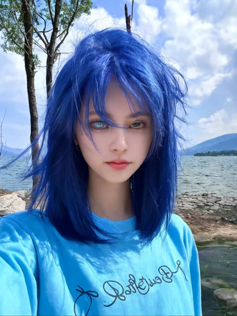 8K high quality，1 woman，Blue Hair，Hair is not messy，Straighten your hair：1.5，The background is by the lake，looking towards camera