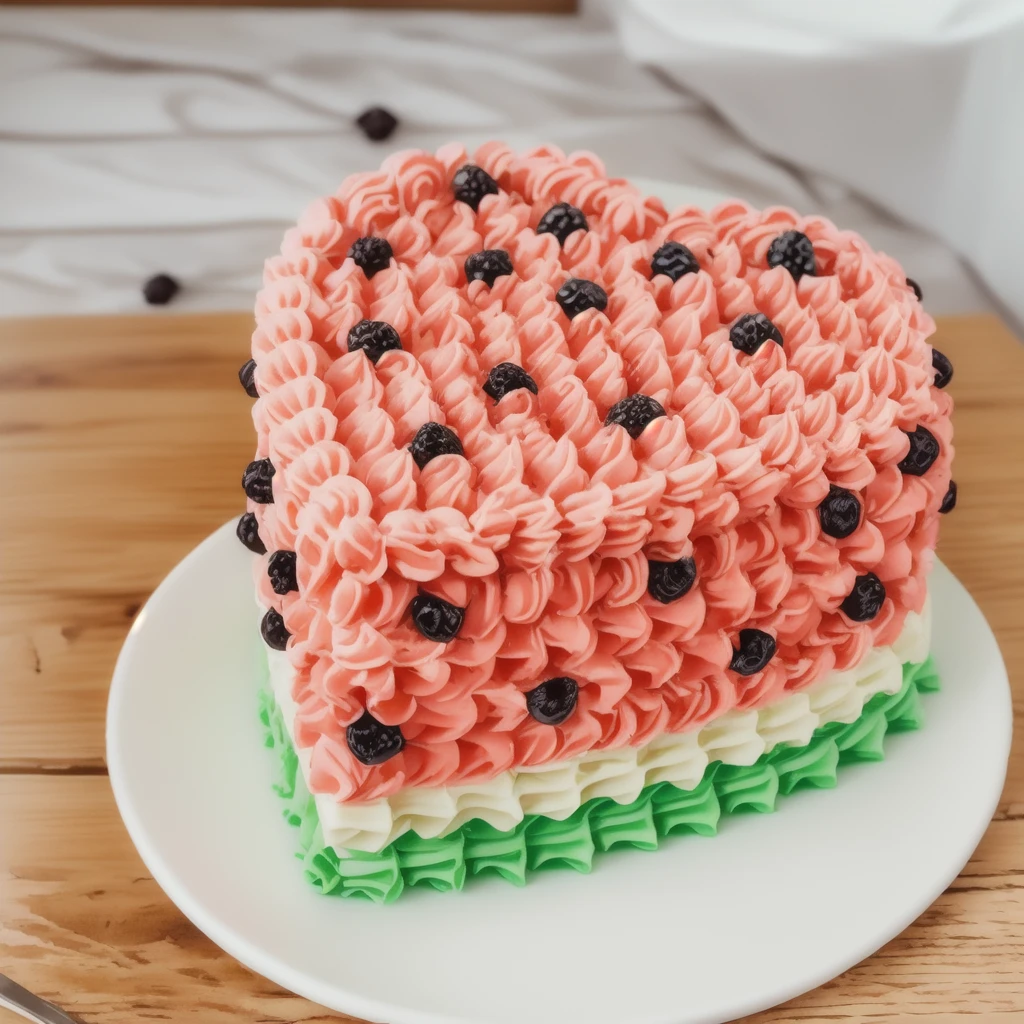 on a black background, a cream cake in the form of a heart, in shape of watermelon, the lower part of the cake is made of green cream whirls, reproduces the texture of a watermelon, a cream layer of fresh, juicy white m'yakotia. The top layer consists of red cream, on top of which watermelon seeds are poured, made of polymer clay, window light, bright lights, soft light, window light, professional lighting, light from the window, neat light, realistic texture, realistic style, detailed texture, high quality, high resolution, high quality rendering, realistic photo, brightning light, macro photo