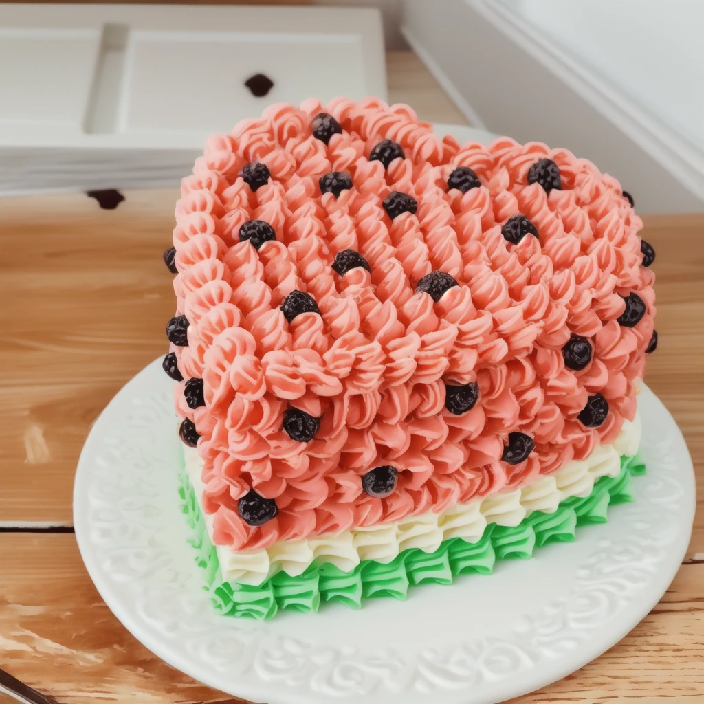 on a black background, a cream cake in the form of a heart, in shape of watermelon, the lower part of the cake is made of green cream whirls, reproduces the texture of a watermelon, a cream layer of fresh, juicy white m'yakotia. The top layer consists of red cream, on top of which watermelon seeds are poured, made of polymer clay, window light, bright lights, soft light, window light, professional lighting, light from the window, neat light, realistic texture, realistic style, detailed texture, high quality, high resolution, high quality rendering, realistic photo, brightning light, macro photo

