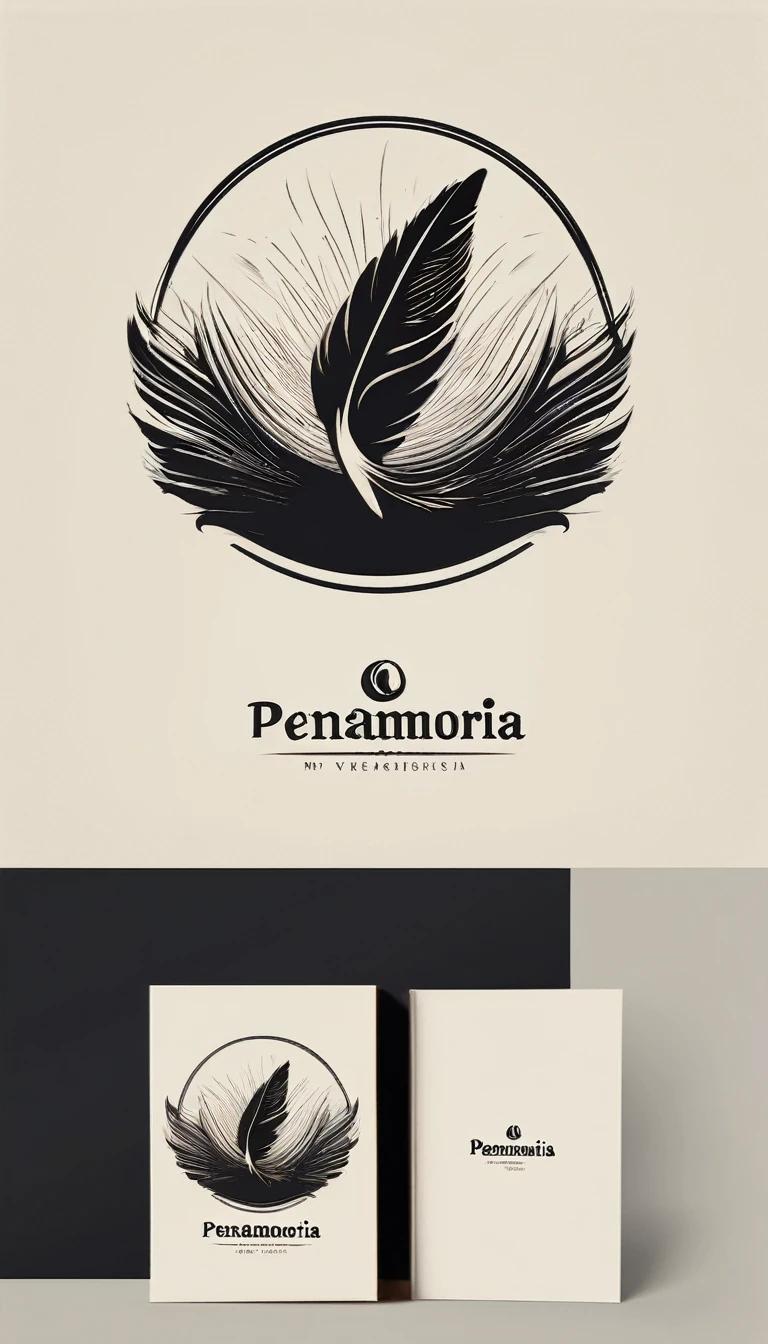 A minimal, modern, simple, cinematic logotype for the brand “Penamemoria". The logotype must be a simple, magical feather and a boy playing acoustic guitar. The logo must convey a sense of music, stories and dreams. Logo design impressed on a book cover. Minimalistic logo