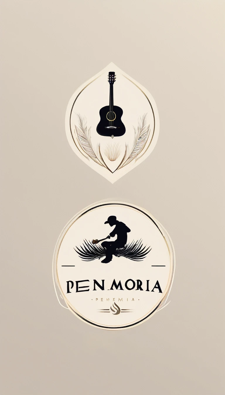 A minimal, modern, simple, cinematic logotype for the brand “Penamemoria". The logotype must be a simple, magical feather and a boy playing acoustic guitar. The logo must convey a sense of music, stories and dreams. Logo design impressed on a book cover. Minimalistic logo