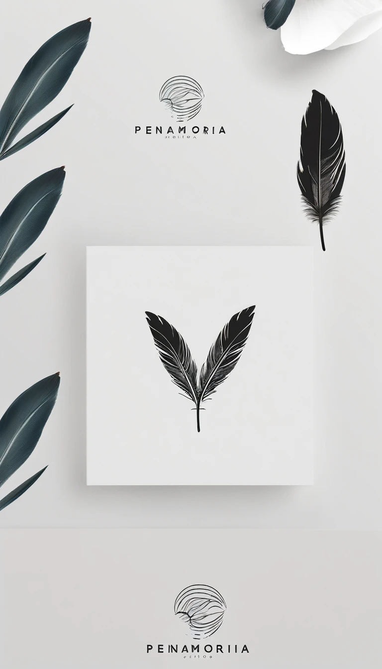 A minimal, modern, simple, cinematic logo design for the brand “Penamemoria". Create a modern, minimalistic, high-quality, logo of a bird feather