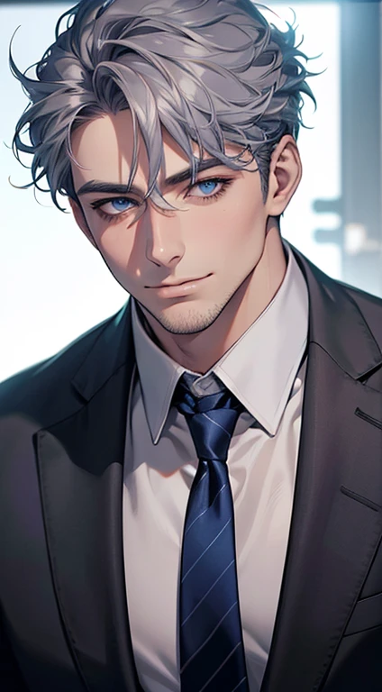 (best quality,4k,8k,highres,masterpiece:1.2),ultra-detailed,(realistic,photorealistic,photo-realistic:1.37),1 man,31 years old,mature man,very handsome,without expression,smile,short grey blue hair,blue eyes,penetrating gaze,perfect face without errors,imposing posture,businessman,office background,cinematic lighting,hdr image