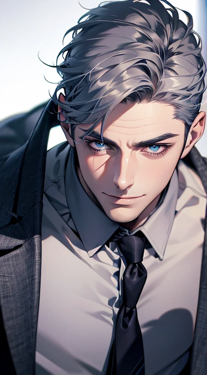 (best quality,4k,8k,highres,masterpiece:1.2),ultra-detailed,(realistic,photorealistic,photo-realistic:1.37),1 man,31 years old,mature man,very handsome,without expression,smile,short grey blue hair,blue eyes,penetrating gaze,perfect face without errors,imposing posture,businessman,office background,cinematic lighting,hdr image