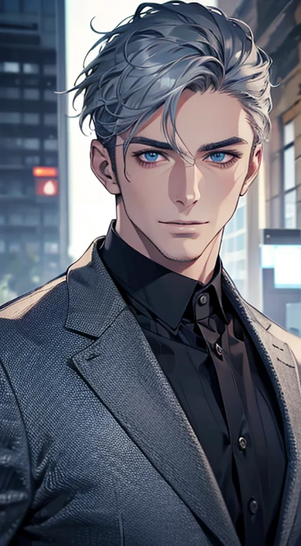 (best quality,4k,8k,highres,masterpiece:1.2),ultra-detailed,(realistic,photorealistic,photo-realistic:1.37),1 man,31 years old,mature man,very handsome,without expression,smile,short grey blue hair,blue eyes,penetrating gaze,perfect face without errors,imposing posture,businessman,office background,cinematic lighting,hdr image
