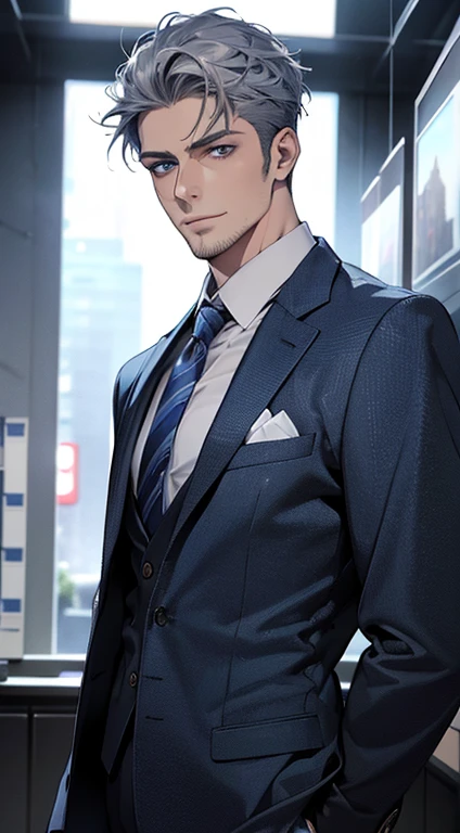 (best quality,4k,8k,highres,masterpiece:1.2),ultra-detailed,(realistic,photorealistic,photo-realistic:1.37),1 man,31 years old,mature man,very handsome,without expression,smile,short grey blue hair,blue eyes,penetrating gaze,perfect face without errors,imposing posture,businessman,office background,cinematic lighting,hdr image