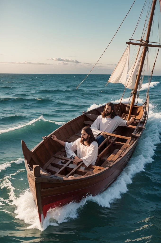 Jesus in the boat So, getting up, rebuked the winds and the sea, and there was a great calm»
