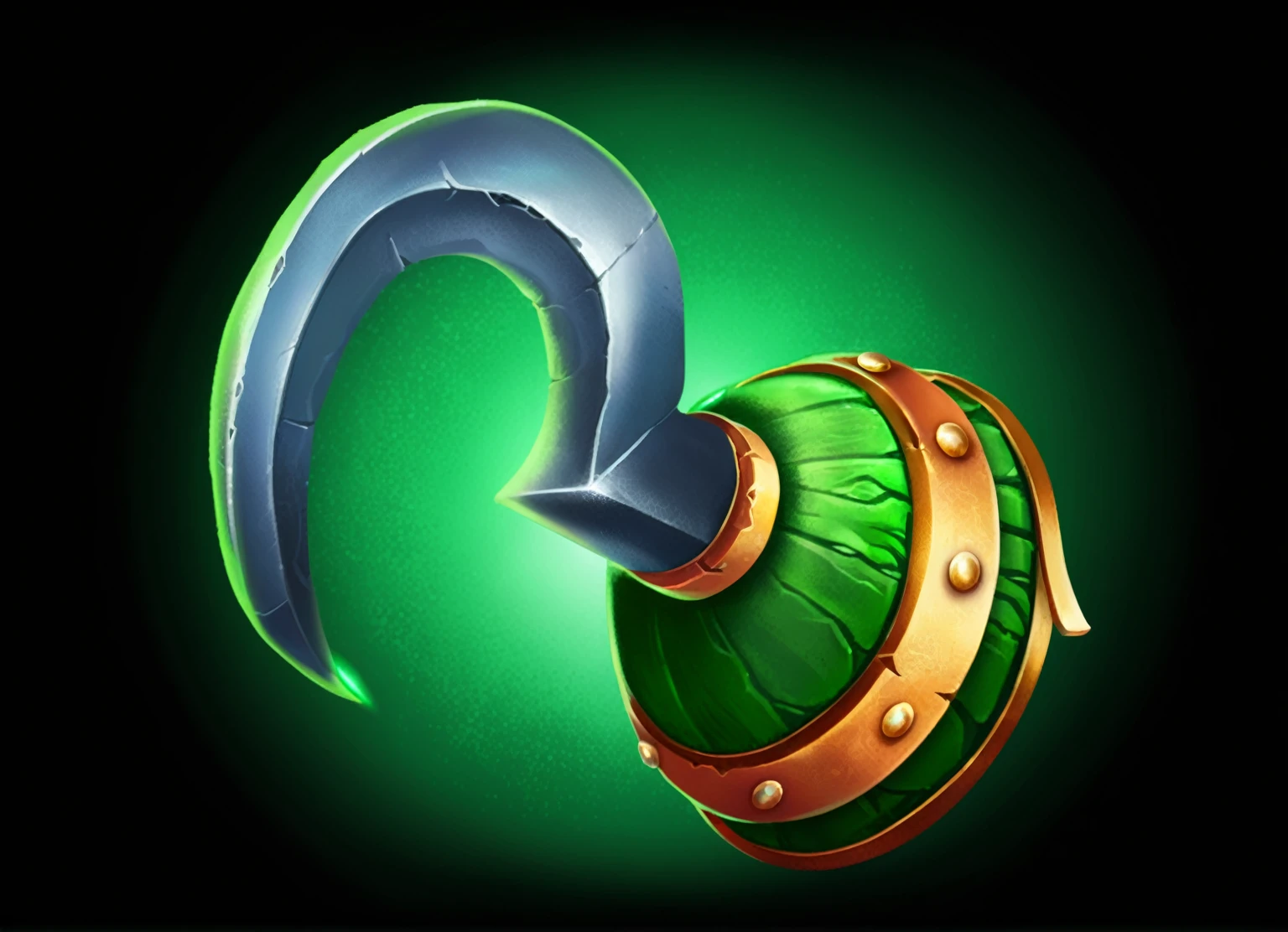 Close-up of a green and gold hat with a curved blade., 3D icons for mobile games, Stylish game icons, display artwork, Hearthstone Weapon Art, Warcraft Blizzard Weapon Art, Chic Game Art, Modular items, metal dragon tail, Stylish large pot, dragon tail, League of Legends inventory list, epic legend game icon, Mount Loki