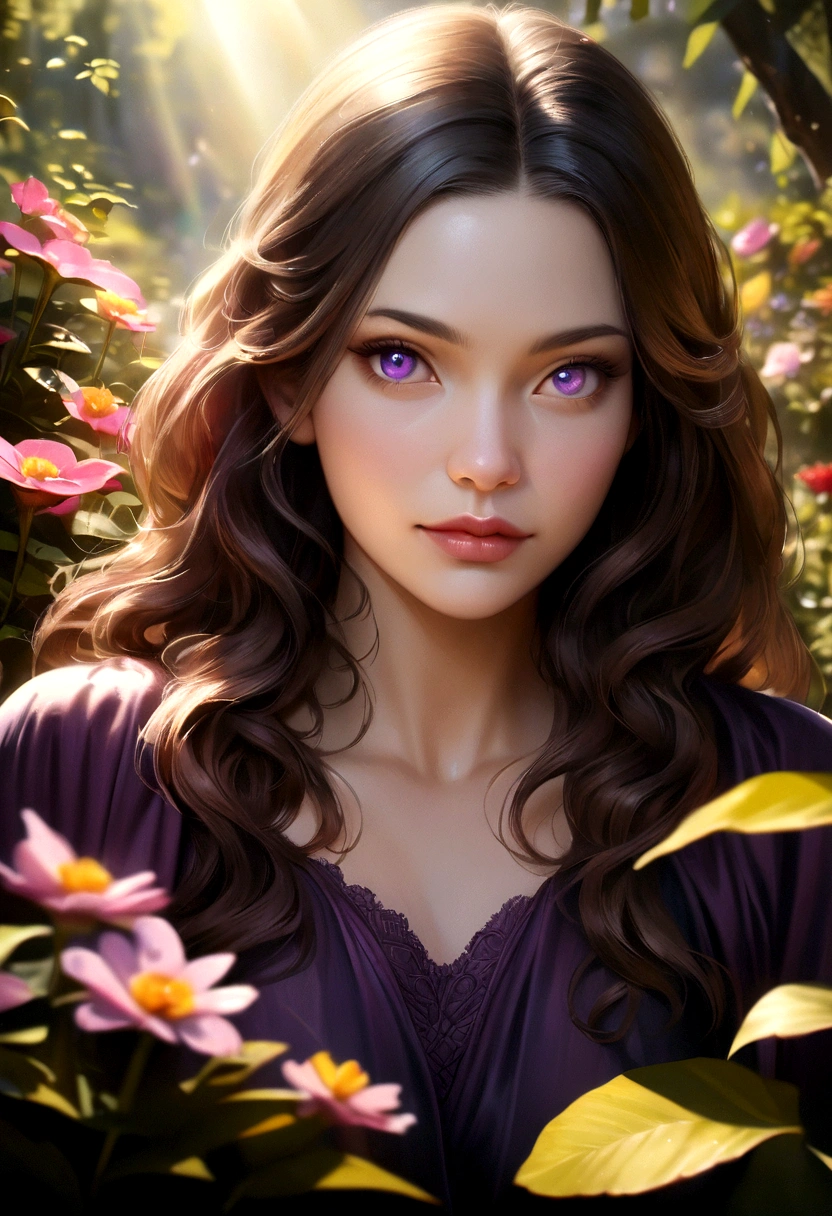 a girl wearing a purple top, baggy black jeans, long wavy hair, realistic, photorealistic, high quality, 8k, masterpiece, intricate details, cinematic lighting, warm color tones, beautiful detailed eyes, beautiful detailed lips, extremely detailed face and portrait, elegant, graceful, relaxed expression, beautiful background, nature scenery, lush greenery, colorful flowers, sunlight, soft focus, cinematic, digital art