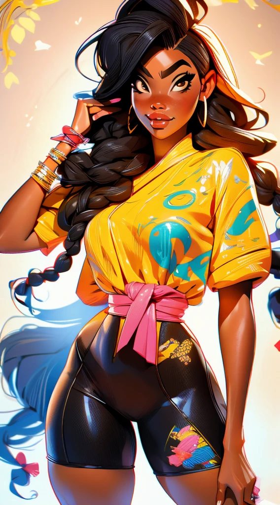 stunning digital illustration of a 35yo aboriginal woman flaunting her phenomenal detailed accentuated big booty, gorgeous, ample curvaceous, thick thighs, great aesthetics, posing, long braided hair, alluring, sultry facial expression, natural colors, highly detailed, ultra detailed, award winning details, unforgettable, very intricate, niji style, comic style, anime style
