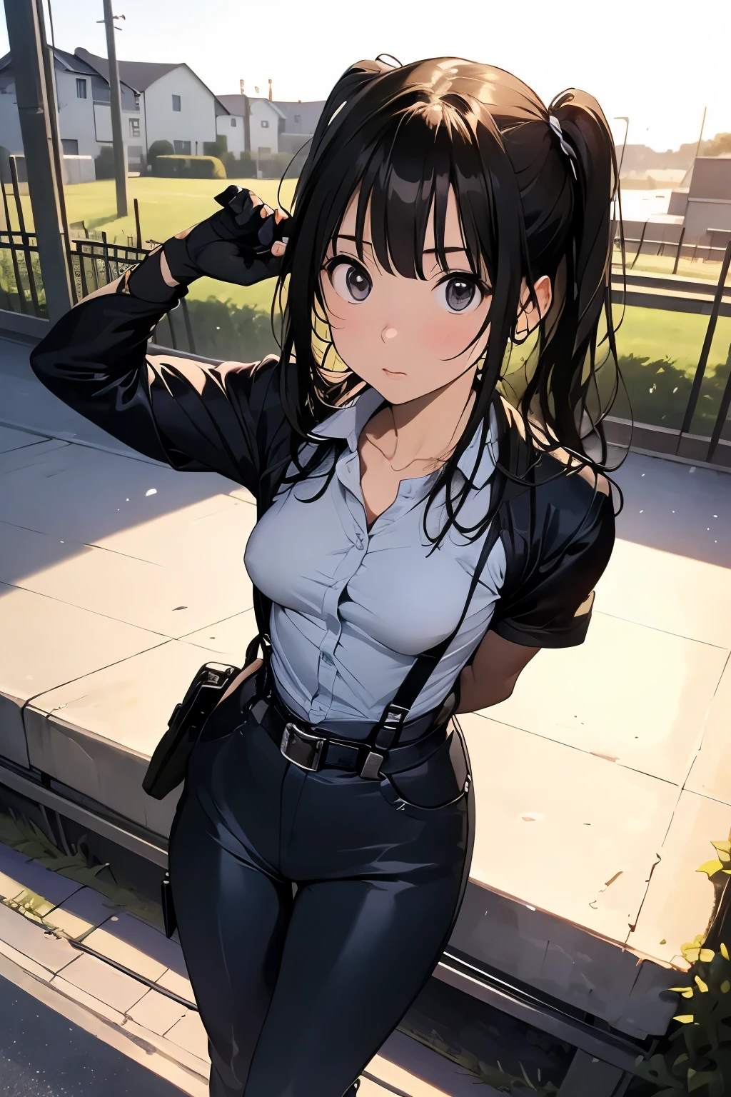 high quality, masterpiece, Ultra-high resolution, (realism: 1.4), Oil painting style, Cinema Lighting, An endless grassland dotted with a few houses, I stood on the empty asphalt road and looked at it., Fairy Mountain々was shrouded in mist, And the suspenders with the cranes flying Moderate breasts Small face holster Beautiful woman Lying in bed Looking up Sweat belt summer 脇Sweat Black Hole Gloves suit shirt Black jacket Black trousers Leg Links ズボンにbelt holster Nipples showing through clothes, caught Hands behind your back Anxious expression Looking up Anxious face