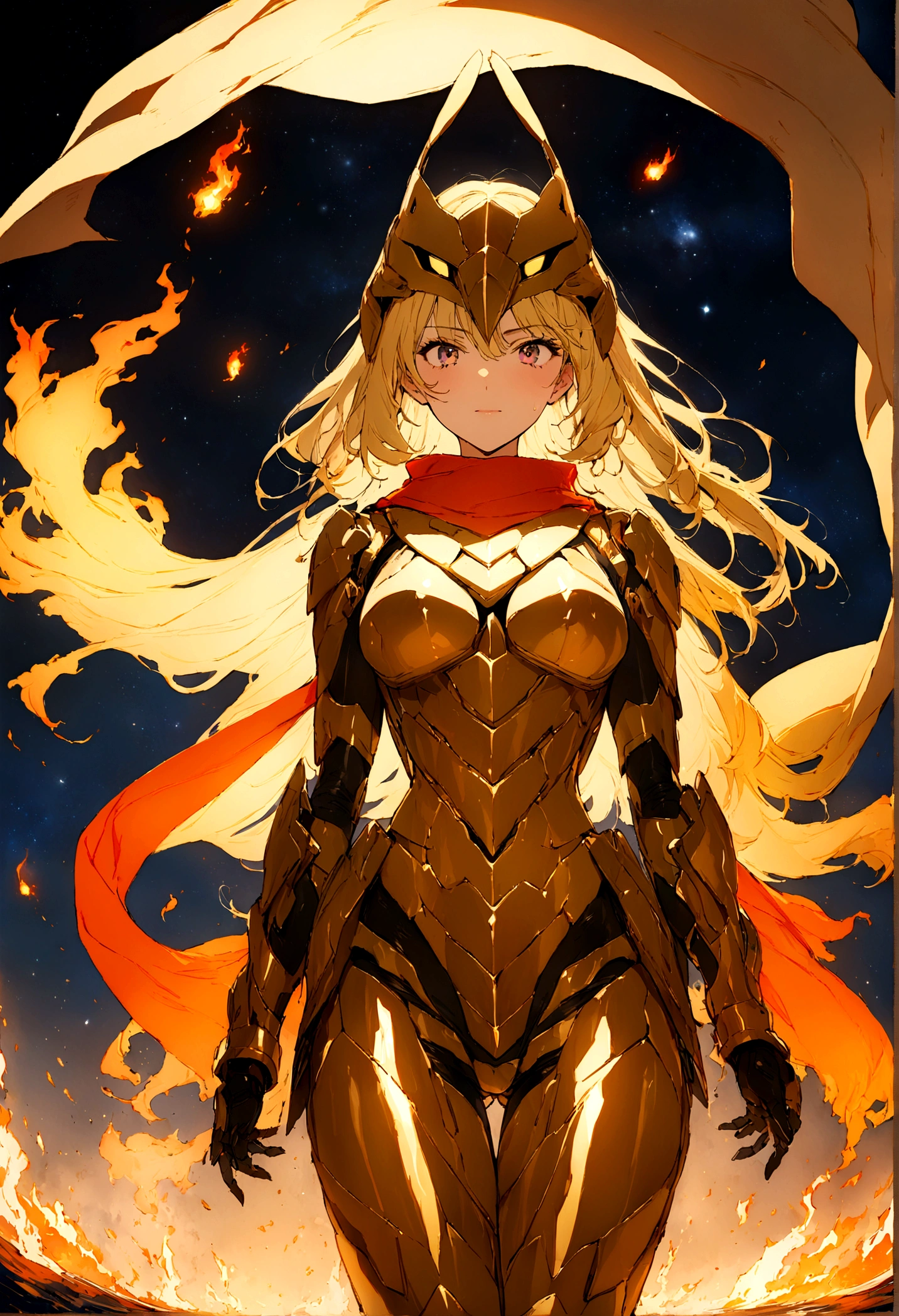 (((masterpiece))),16k,best quality, illustration, earth, water,fire,wind,space,1girl,blonde hair,beautiful mecha,shiny armor,eagle helmet,beautiful face,scarf,paper_cut,nsfw