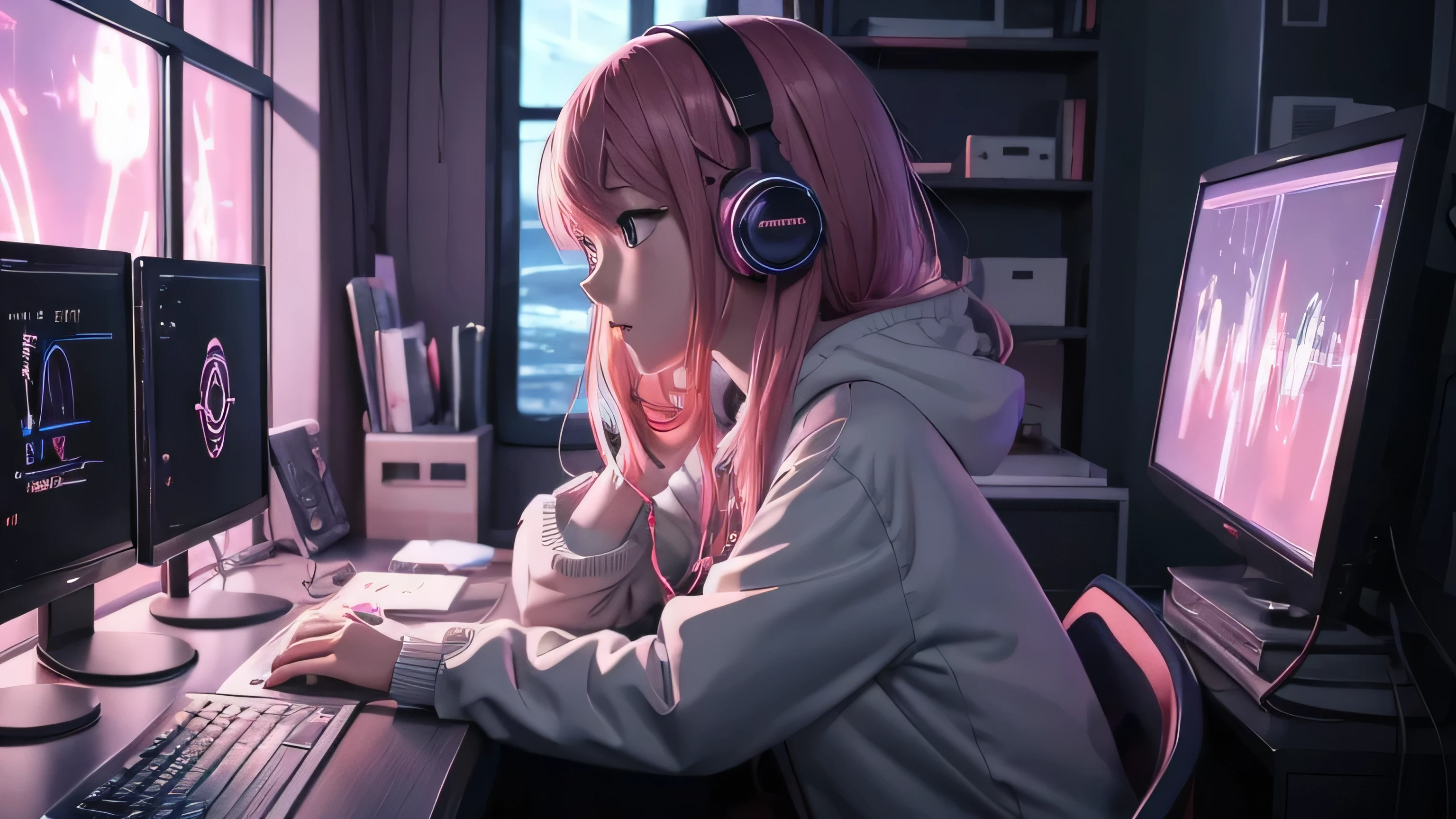 anime girl with headphones working on a computer at night, an anime drawing by Yang J, pixiv contest winner, analytical art, lofi girl, anime vibes, lofi artstyle, digital anime illustration, anime style 4 k, anime art wallpaper 4k, anime art wallpaper 4 k, lofi portrait, lofi art, anime lover, anime aesthetic