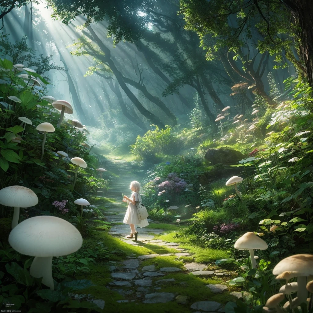 A cute white kitten carrying a backpack、I walk in fear。A breathtaking illustration of a forest scene where the glowing mushrooms seem to float in the air. The forest floor is covered with a beauti ful array of different sized and colored bioluminescent mushrooms. The background showca
ses a dense forest with a mix of tall trees, vines, and dappled light filtering through the foliage. The overall atmosphere of the image is mysterious, magical, and serene, invoking a sense of wonder and exploration., photo, illustration, dark fantasy