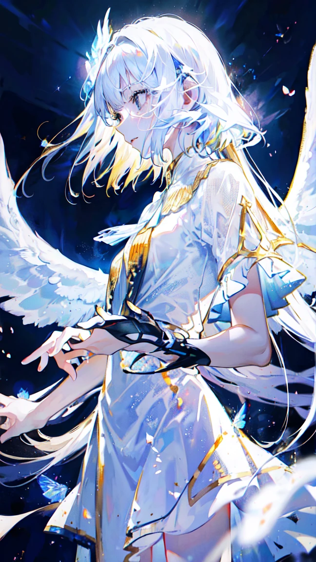 a beautiful angel with flowing white dress, wings spread, hand on hip, side view, (best quality,4k,8k,highres,masterpiece:1.2),ultra-detailed,(realistic,photorealistic,photo-realistic:1.37),HDR,UHD,studio lighting,extremely detailed face and eyes,delicate facial features,long eyelashes,smooth skin,intricate dress folds,glowing skin,angelic expression,sunlight streaming through clouds,simple background