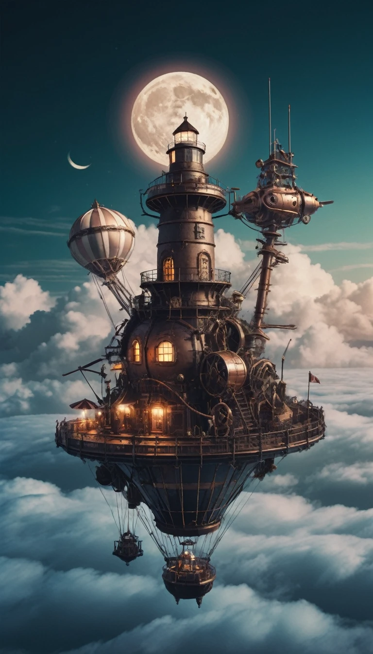 steampunk, Photo of a floating island attached to an airship, windmill, Lighthouse,
An aircraft turbine mounted on the bottom of the island,
Above the Clouds,
night, Neon Light, moon, performer,
Futuristic,