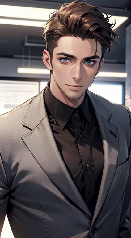 (best quality,4k,8k,highres,masterpiece:1.2),ultra-detailed,(realistic,photorealistic,photo-realistic:1.37),1 man,31 years old,mature man,very handsome,without expression,smile,short grey brown hair,blue eyes,penetrating gaze,perfect face without errors,imposing posture,businessman,office background,cinematic lighting,hdr image