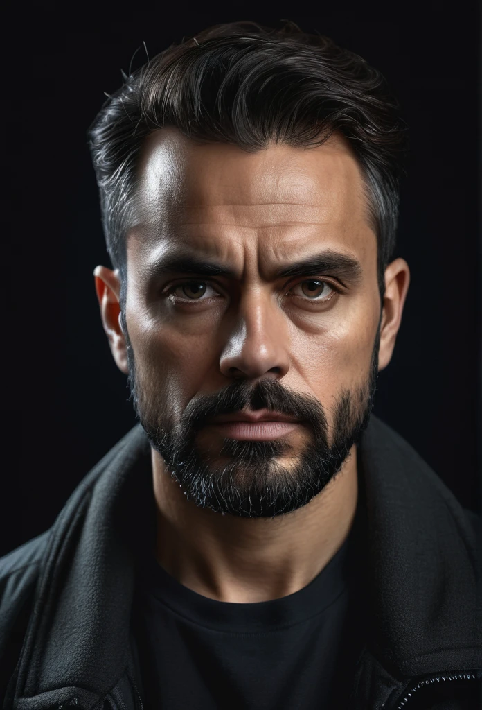 Portrait of very serious man with dark background, hyper realistic image