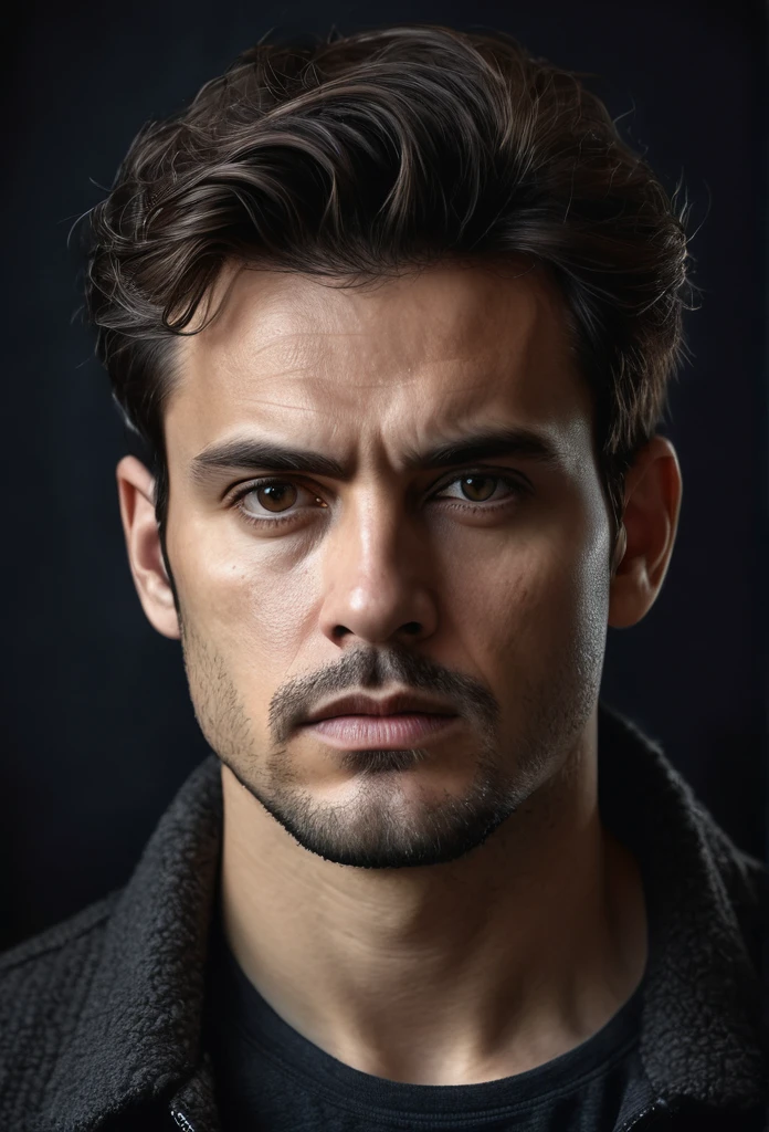 Portrait of very serious man with dark background, hyper realistic image