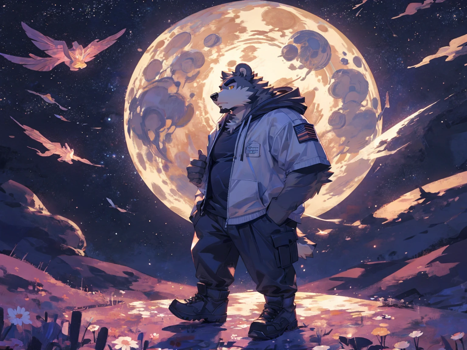 (masterpiece:1.2), best quality,pixiv,official art,perfect anatomy, (Ray tracing, light),solo, (1_male:1.3) , (muscle), (grey fur:1.4), (muscle bear), (beard:1.2), (gleaming golden eyes), bear tail, full body, Thick black eyebrows,(open hoodie parka), (pure white T-shirt inside), (cargo pants:1.2), boots, universe, planet, cosmos ,Galaxy, (on the moon: 1.3), interstellar travel,