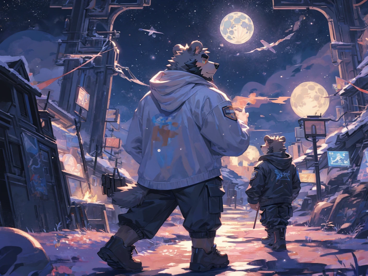 (masterpiece:1.2), best quality,pixiv,official art,perfect anatomy, (Ray tracing, light),solo, (1_male:1.3) , (muscle), (grey fur:1.4), (muscle bear), (beard:1.2), (gleaming golden eyes), bear tail, full body, Thick black eyebrows,(open hoodie parka), (pure white T-shirt inside), (cargo pants:1.2), boots, universe, planet, cosmos ,Galaxy, on the moon, interstellar travel